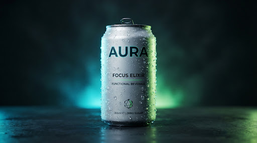 Lata de aluminio escarchada con gotas de agua e iluminación cian y lima